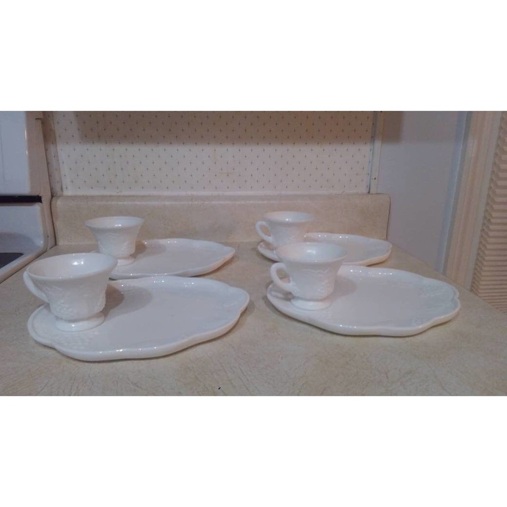 Colony Milk glass teacups and plates (set of 4)